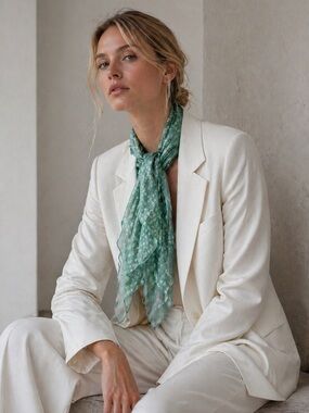 GIORGIO ARMANI Sage Green Monogram 100% Silk Scarf with Ruffled Edges.